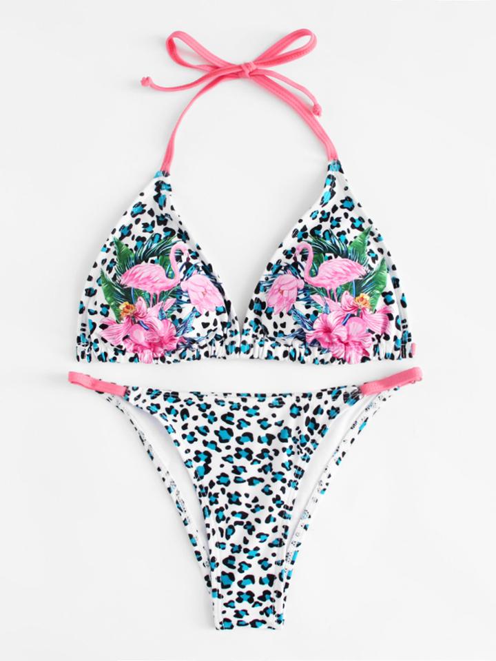 Romwe Flamingo Print Leopard Bikini Set