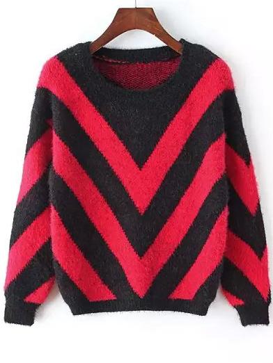 Romwe Long Sleeve Chevron Print Black Sweater