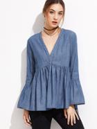 Romwe Blue V Neck Bell Sleeve Denim Blouse