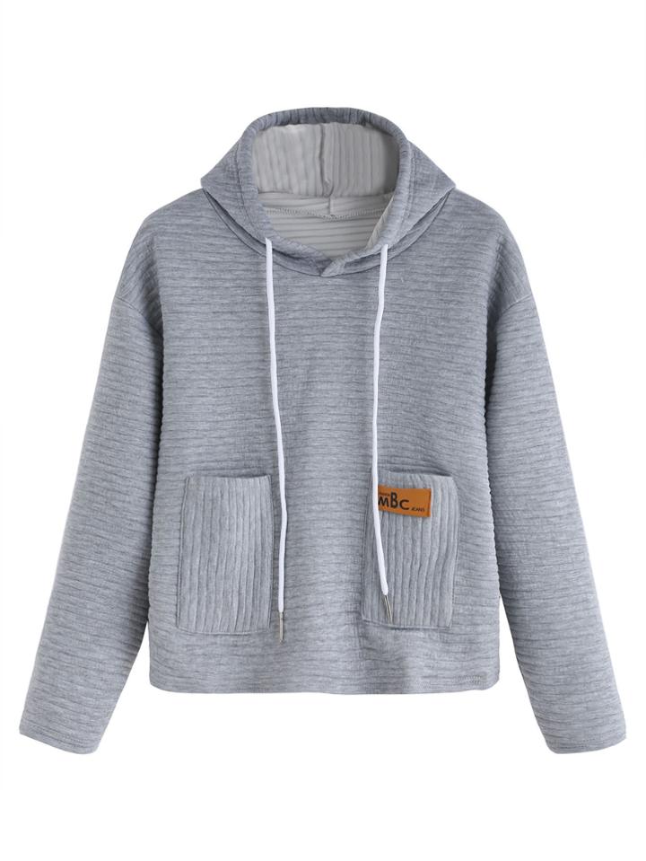Romwe Light Grey Striped Textured Hooded Sweatshirt With Pocket