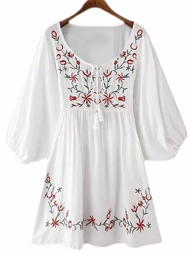 Romwe White Lantern Sleeve Tie Neck Tassel Embroidery Dress
