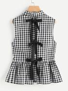 Romwe Split Bow Back Button Up Gingham Peplum Blouse