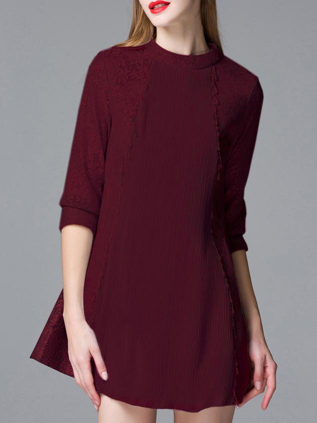 Romwe Burgundy Pleated Beading Jacquard Pockets Dress