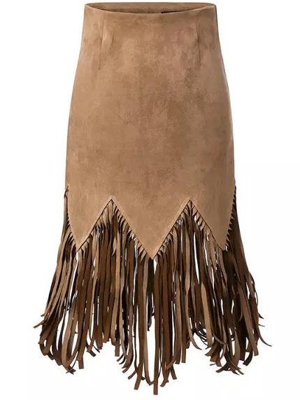 Romwe Fringe Suede High Waist Asymmetrical Skirt