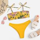 Romwe Self Tie Floral Pattern Top With Match Bikini Set