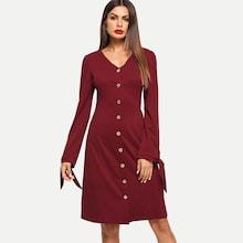 Romwe Button Detail Solid Dress