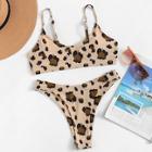 Romwe Leopard Print Top With High Cut Bikini Set