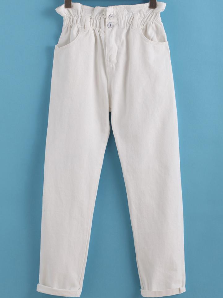 Romwe Elastic Waist Denim White Pant