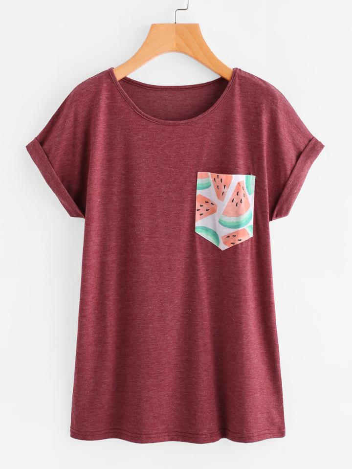 Romwe Contrast Watermelon Print Pocket Cuffed Marled Tee