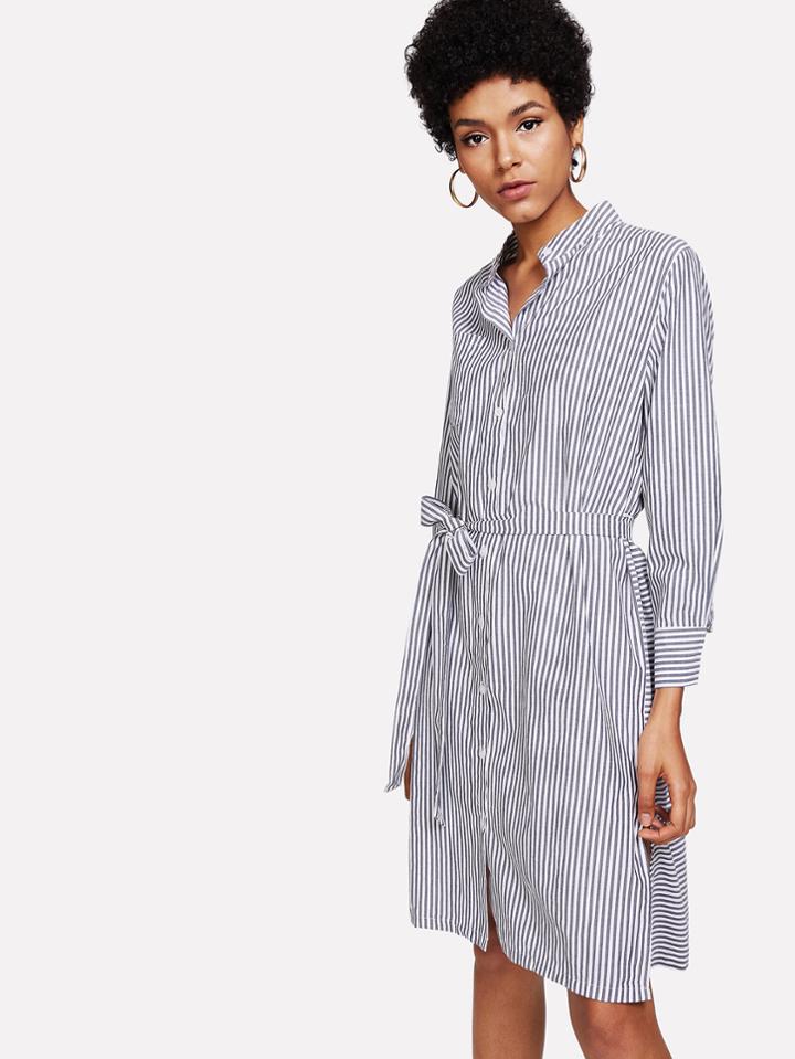 Romwe Slit Side Striped Shirt Dress