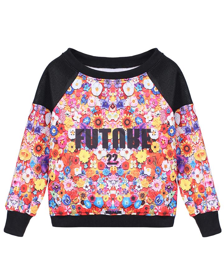 Romwe Floral Futnbe Print Crop Sweatshirt