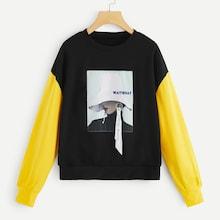 Romwe Graphic Patched Contrast Sleeve Pullover