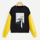 Romwe Graphic Patched Contrast Sleeve Pullover