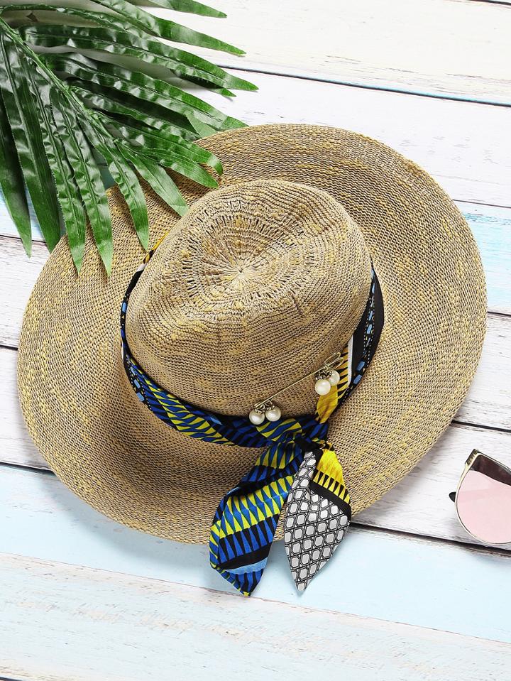 Romwe Khaki Faux Pearl Pin Hat With Scarf