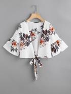 Romwe Random Florals Bell Sleeve Tie Front Top