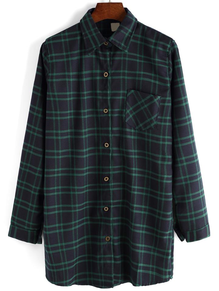 Romwe Lapel Plaid Pocket Long Green Blouse