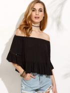 Romwe Black Crochet Insert Cold Shoulder Ruffle Top