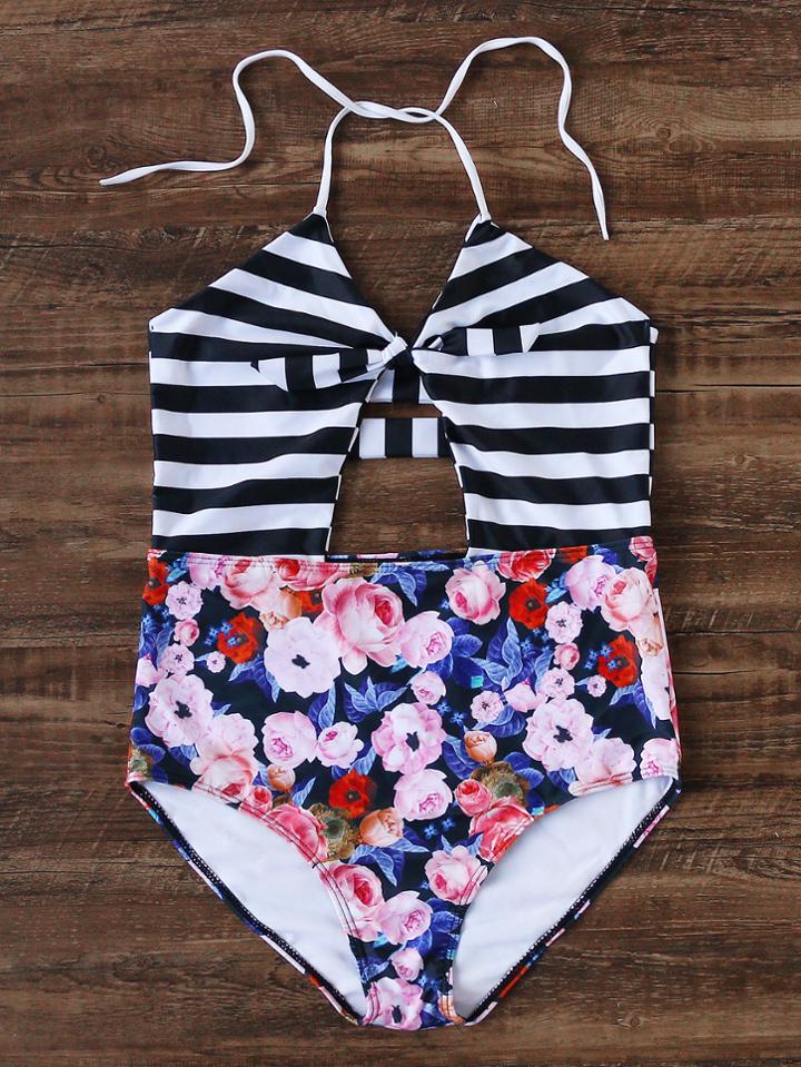Romwe Striped Floral Print Cutout One-piece Swimwear