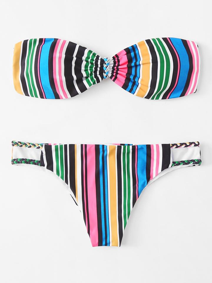 Romwe Neon Striped Bandeau Bikini Set
