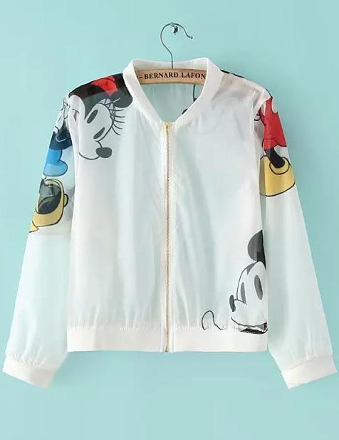 Romwe Stand Collar With Zipper Mickey Print Coat