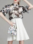 Romwe White Ruffle Sleeve Print A-line Dress