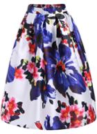 Romwe Multicolor Floral Flare Midi Skirt