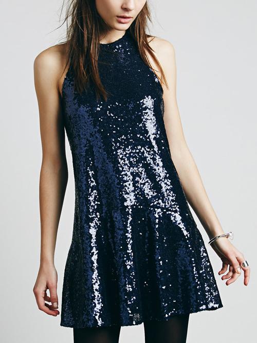 Romwe Navy Blule Sleeveless Sequin Keyhole Back Shift Dress