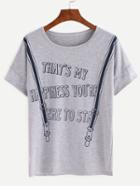 Romwe Grey Strap Letters Print Banded Sleeve T-shirt