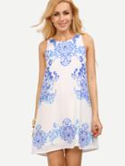 Romwe Blue Print In White Sleeveless Shift Dress
