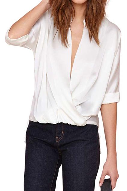 Romwe Draped Collar Asymmetric White Chiffon Blouse