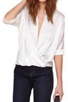 Romwe Draped Collar Asymmetric White Chiffon Blouse