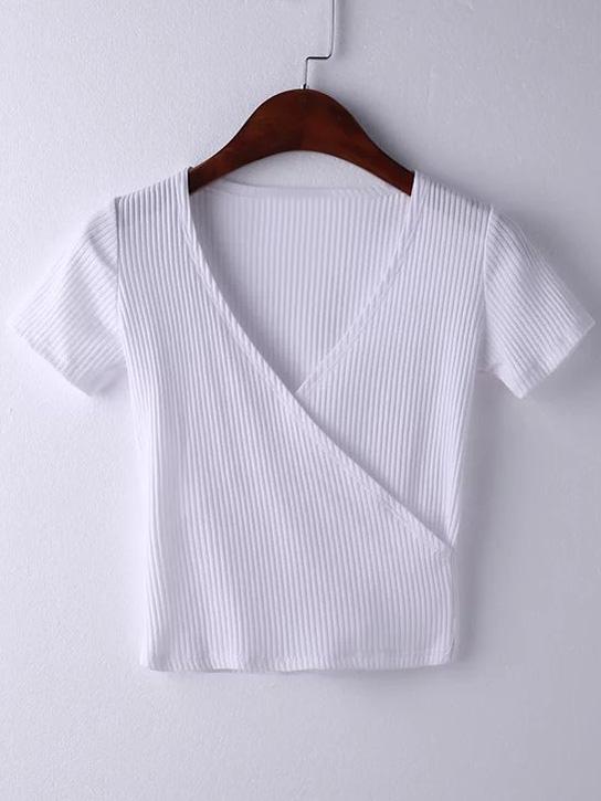 Romwe White Short Sleeve Cross V Neck T-shirt