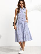 Romwe Blue Vertical Striped Embroidered Drawstring Shirt Dress