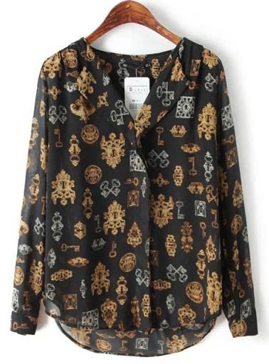 Romwe Black Lapel Dipped Hem Key Print Blouse