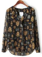 Romwe Black Lapel Dipped Hem Key Print Blouse