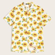Romwe Guys Notched Collar Sunflower Print Shirt