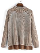 Romwe High Neck Vertical Striped High Low Sweater