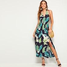 Romwe Tropical Print Tie Back Split Thigh Halter Dress