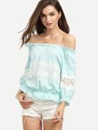 Romwe Blue Lace Applique Off The Shoulder Peplum Top