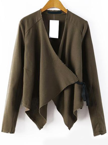 Romwe Waterfall Collar Lace Up Asymmetrical Khaki Coat