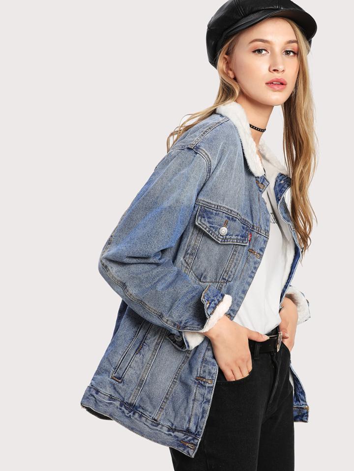 Romwe Faux Shearling Bleach Wash Denim Jacket