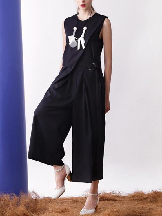 Romwe Black D Ring Self Tie Wide Leg Jumpsuit