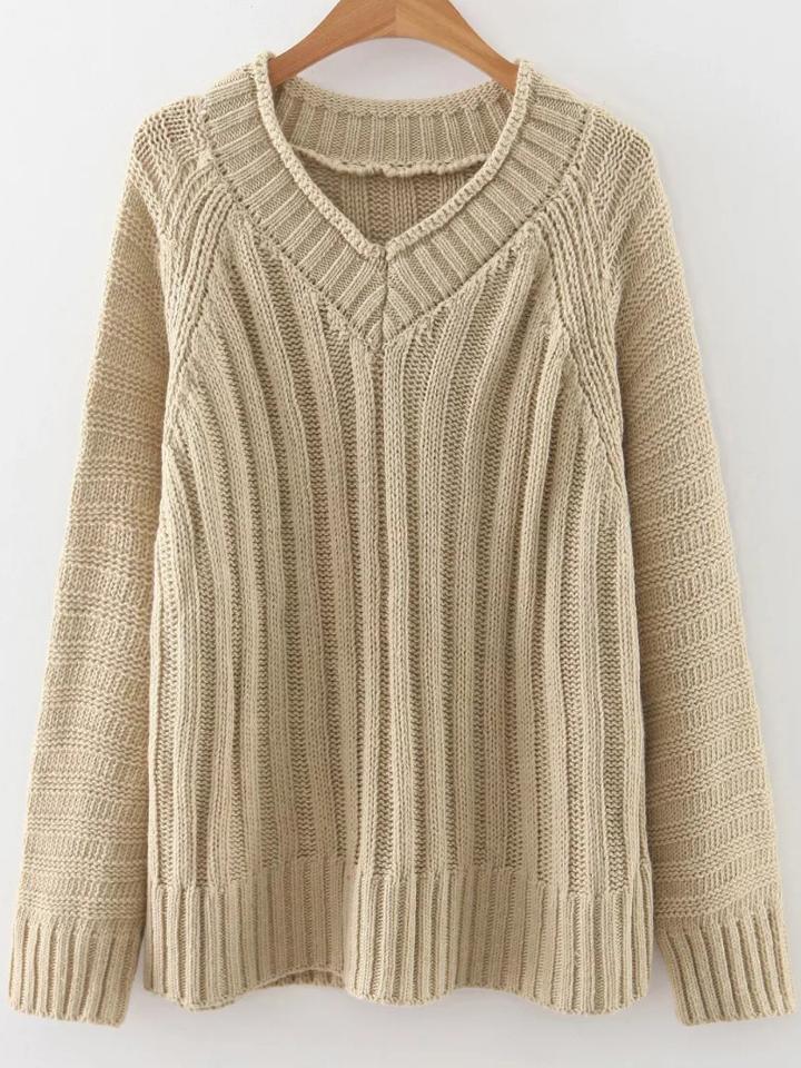 Romwe Khaki V Neck Raglan Sleeve Sweater