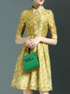 Romwe Yellow Lapel Belted Floral A-line Dress