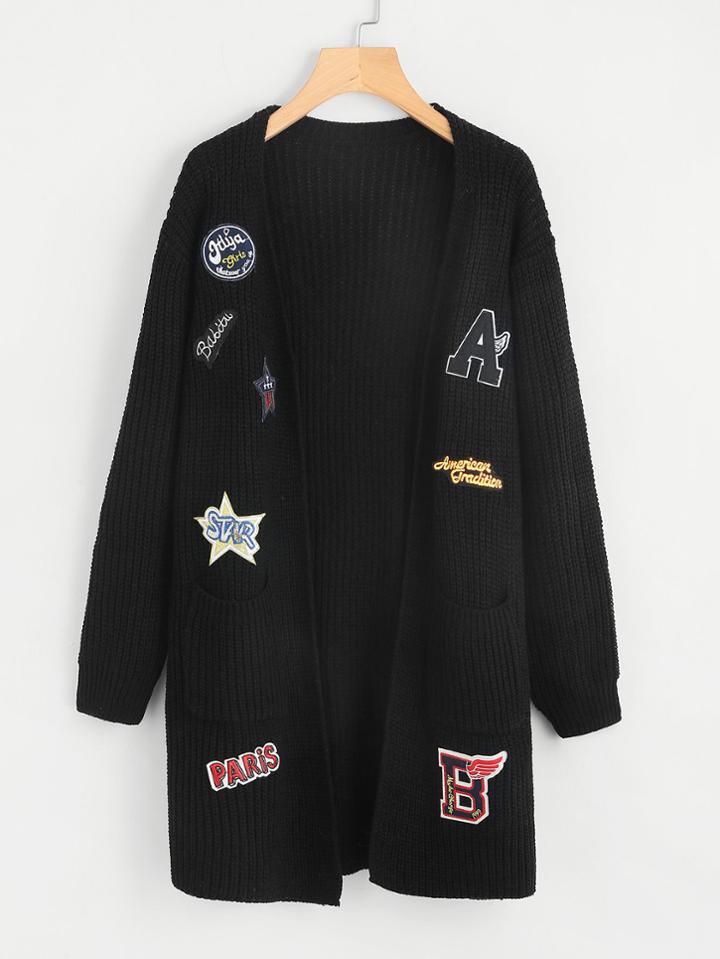 Romwe Drop Shoulder Patched Longline Cardigan