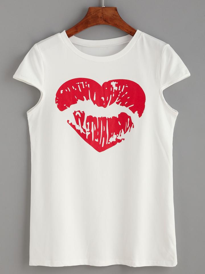 Romwe Red Lips Print Cap Sleeve White T-shirt