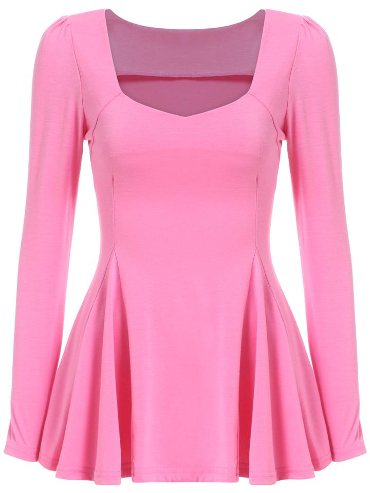 Romwe Square Neck Peplum Hem Rose Red T-shirt