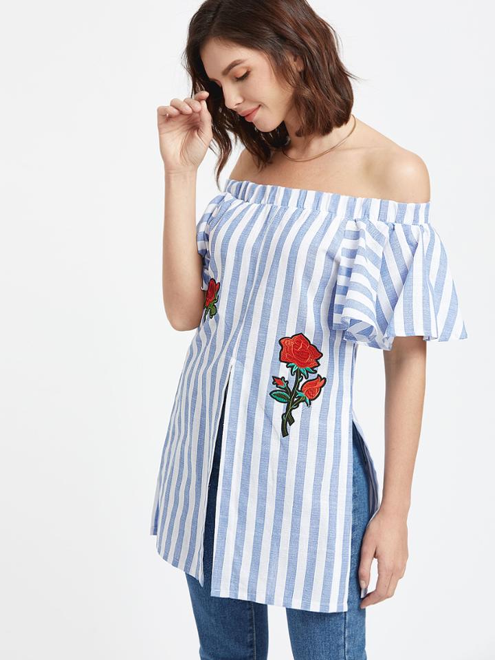 Romwe Blue Striped Off The Shoulder Embroidered Slit Hem Top