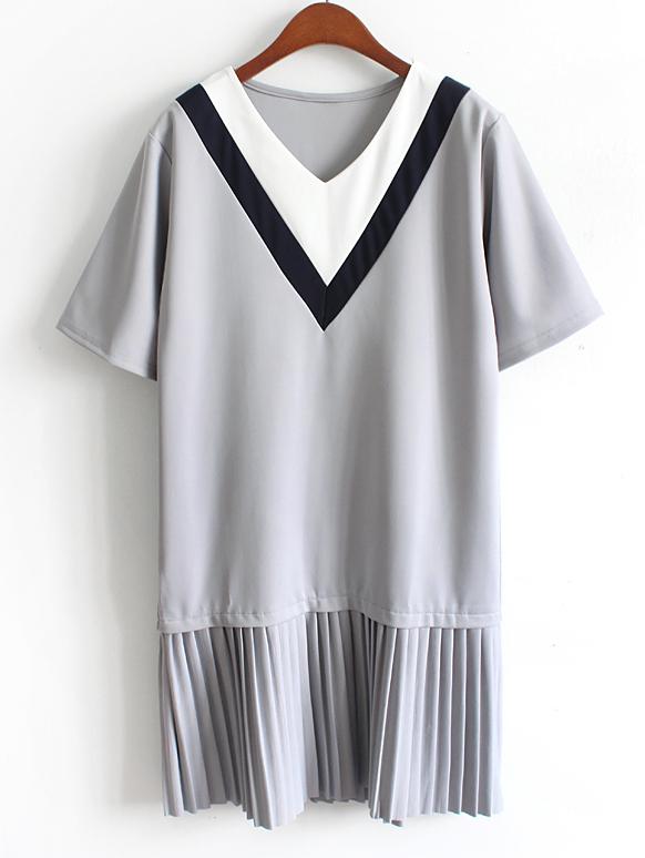 Romwe Color Panel V-neck Pleated Chiffon Trimmed Dress - Grey