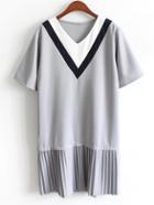 Romwe Color Panel V-neck Pleated Chiffon Trimmed Dress - Grey
